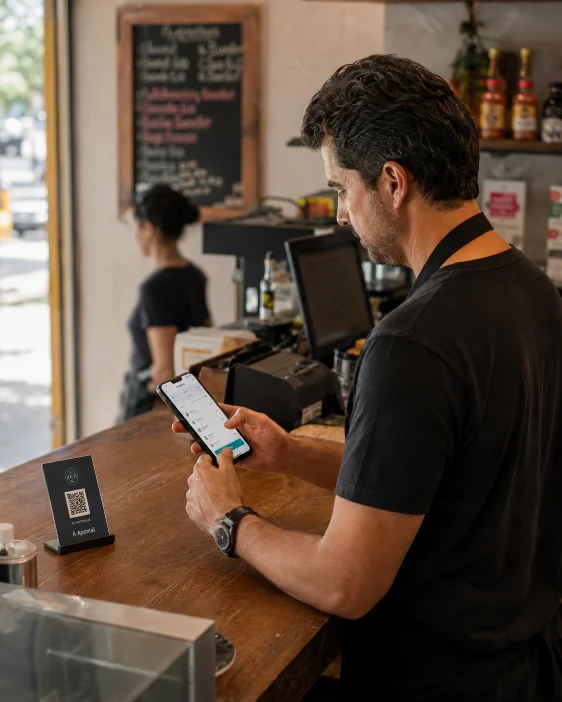 Dono do negócio com o painel da Apontal aberto no celular